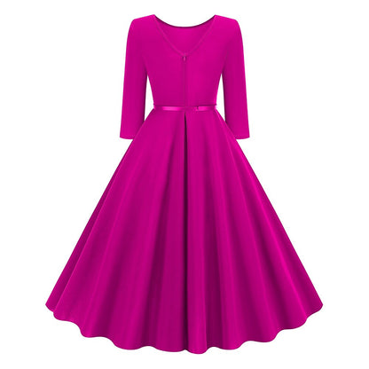 Women's 1950s Solid Color Round Neck 3/4 Sleeve Flare Dress