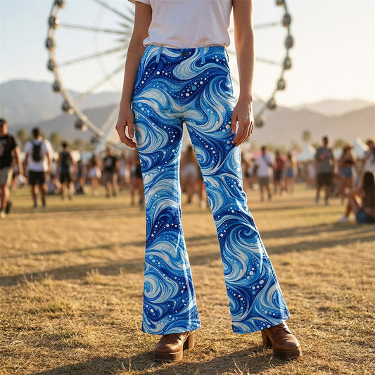 Retro 70s Swirling Waves High Waist Wide Flared Trousers