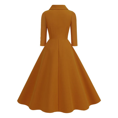 Women's 1950s Solid Color Peter Pan Collar Long Sleeve Flare Dress