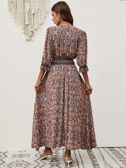 Retro 70s Bohemian Paisley V-neck Smocked Waist Midi Dress