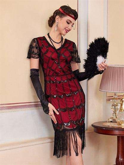 Red Sequin Pattern Flapper Dress