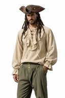 Men's Black Pirate Costume Set with Cream Ruffled Shirt