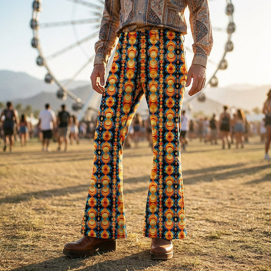 Retro 70s Psychedelic Circle Print High Waist Wide Flared Trousers