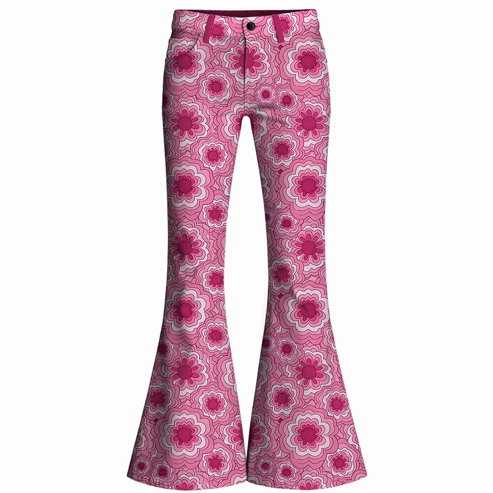 Retro 70s Geometric Floral High Waist Wide Flared Trousers