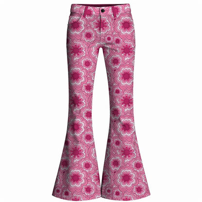 Retro 70s Geometric Floral High Waist Wide Flared Trousers