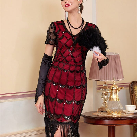 Red Sequin Pattern Flapper Dress