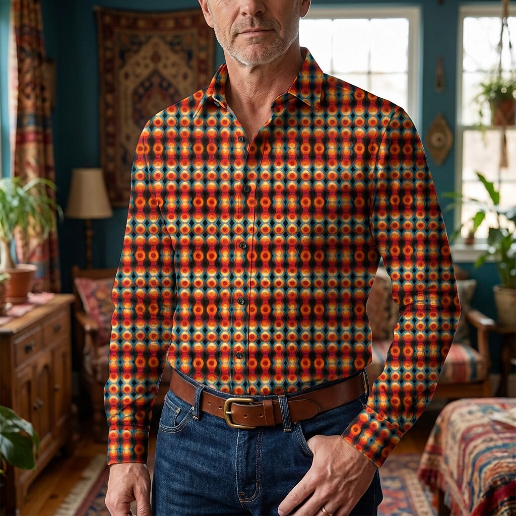 Retro 70S Vintage Geometric Circle Pattern Long Sleeves Collar Shirt