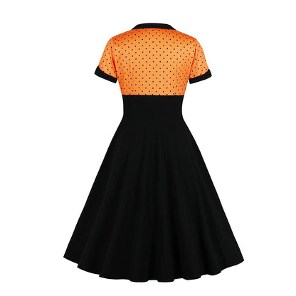 Women's 1950s Polka Dot Patchwork Sweetheart Neck Short Sleeve A-Line Dress