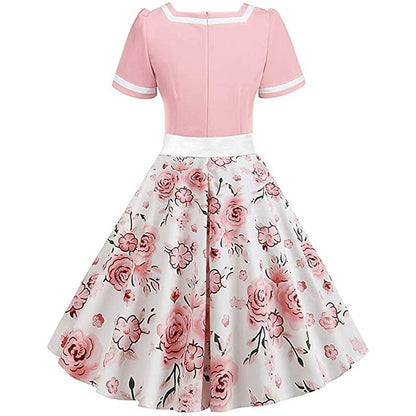 Women's 1950s Floral V-Neck Short Sleeve Swing Dress