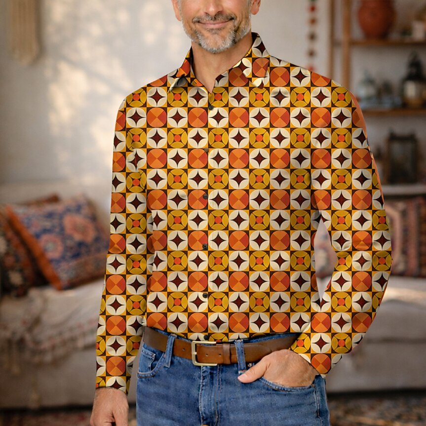 Retro 70S Vintage Geometric Circle Star Pattern Long Sleeves Collar Shirt