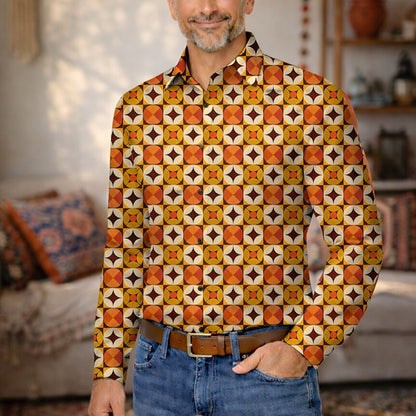 Retro 70S Vintage Geometric Circle Star Pattern Long Sleeves Collar Shirt