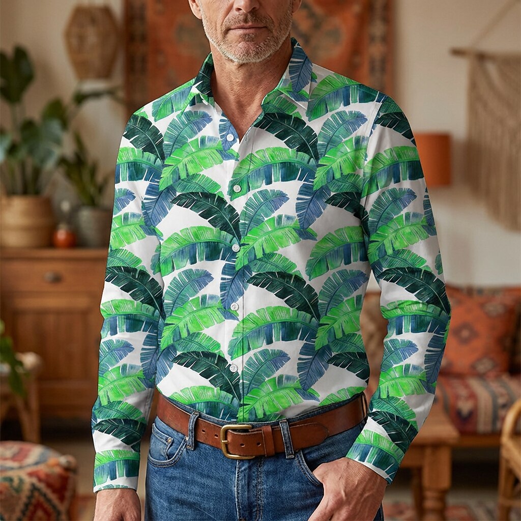 Retro 70S Tropical Banana Leaf Pattern Long Sleeves Collar Shirt