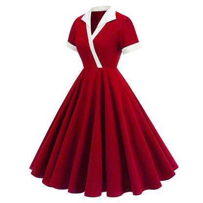 Women's 1950s Red Lapel Collar Short Sleeve Swing Dress