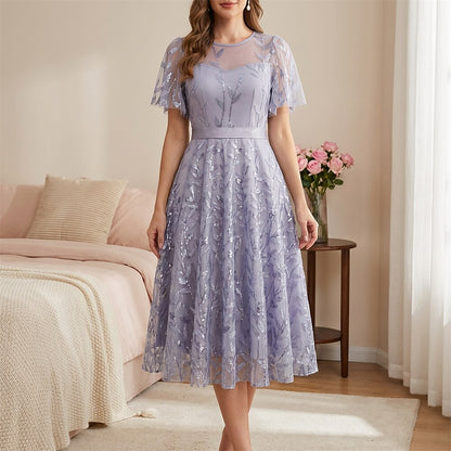 Embroidered Flutter Sleeve Midi Dress