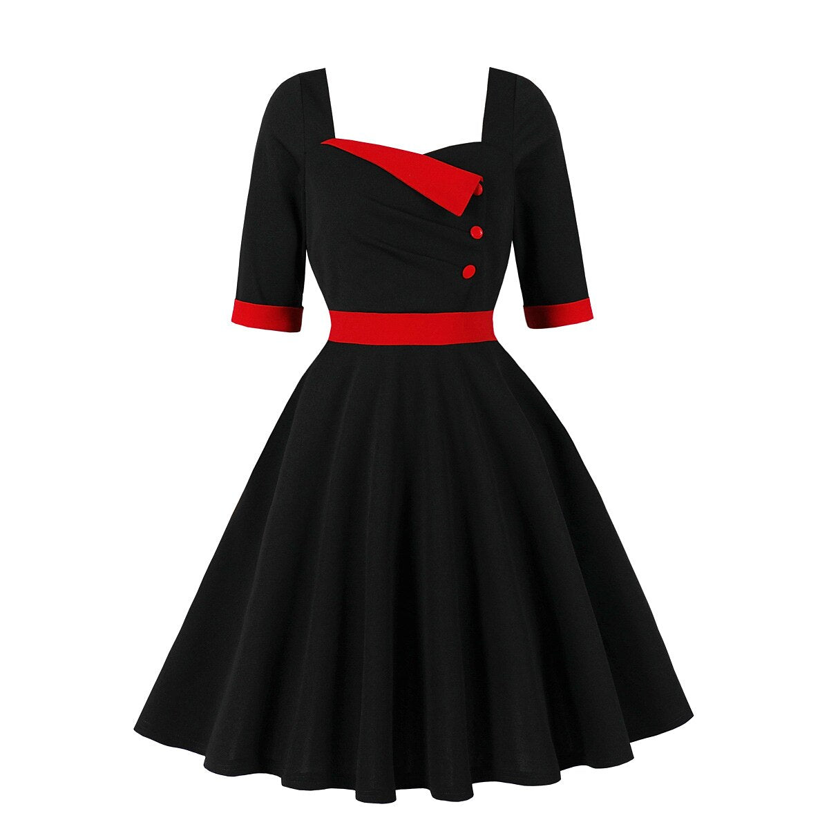 Women's 1950s Contrast Sweetheart Neck Half Sleeve A-Line Dress