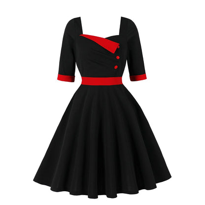 Women's 1950s Contrast Sweetheart Neck Half Sleeve A-Line Dress