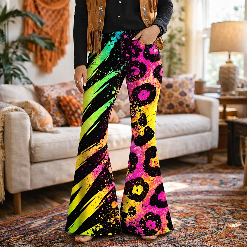 Retro 70s Acid Leopard High Waist Wide Flared Trousers