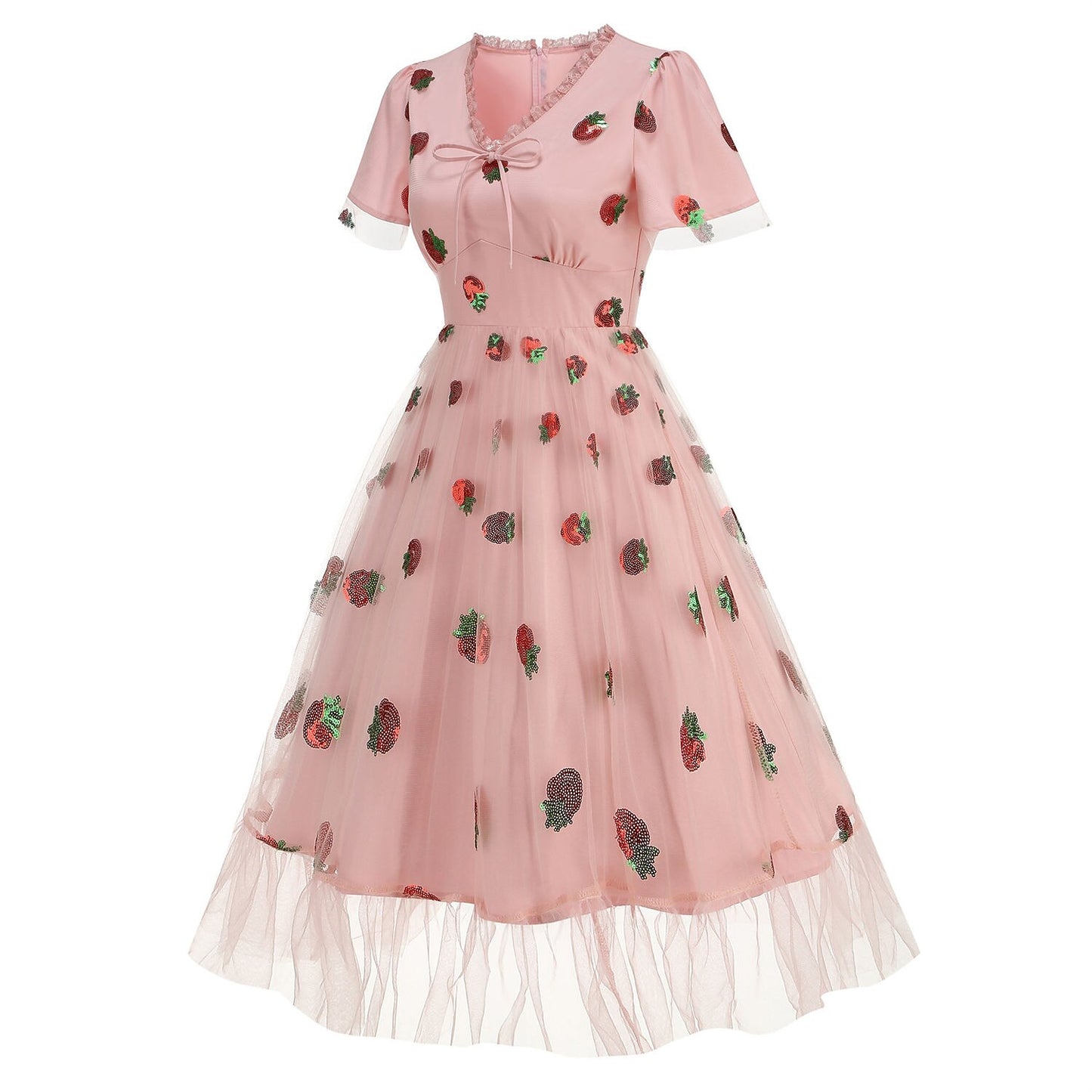 Strawberry Embroidered Mesh Midi Dress