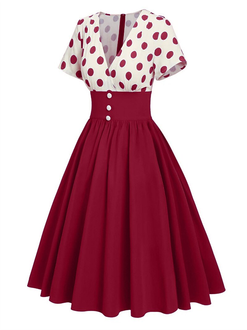 Women's 1950s Polka Dot V-Neck High Waist Swing Dress