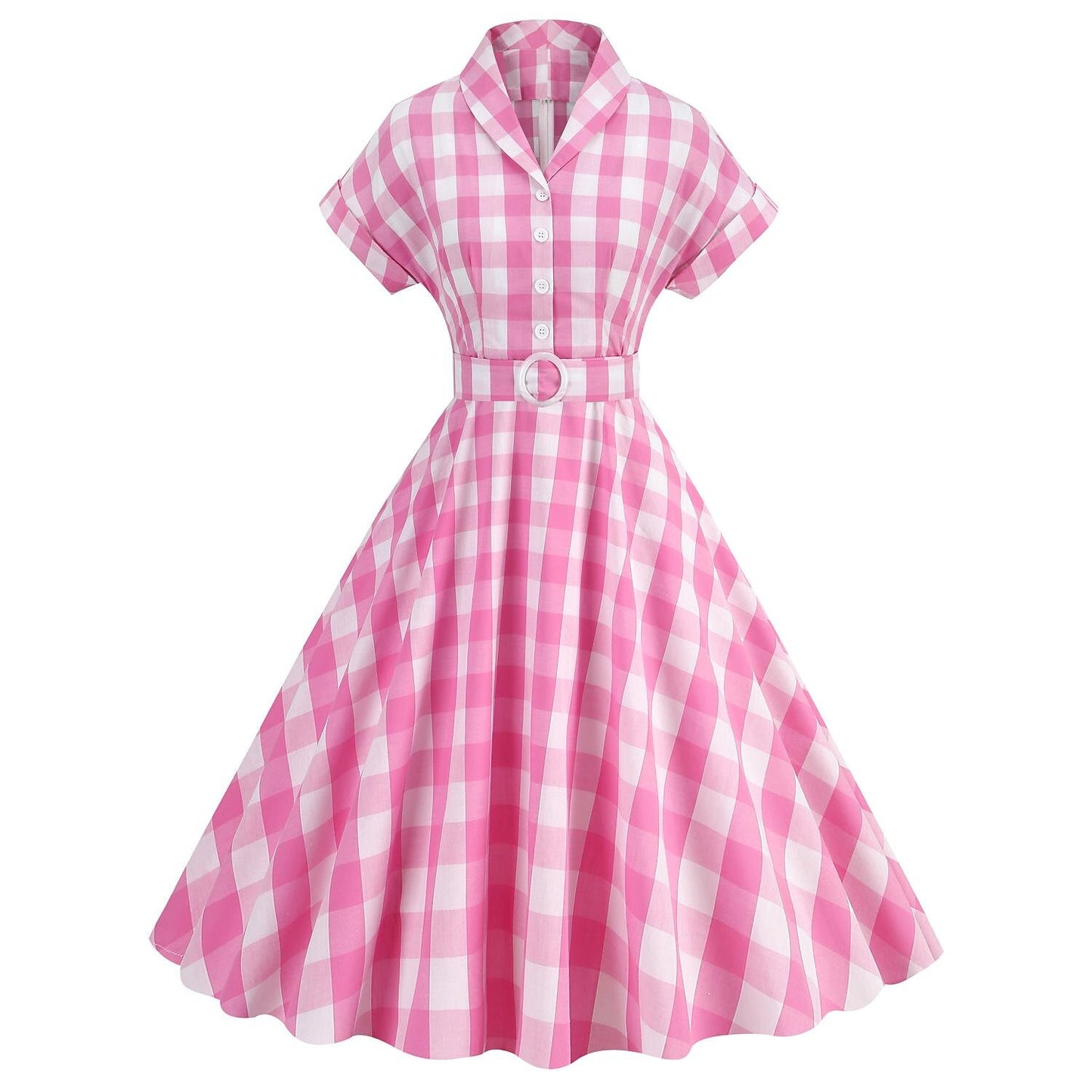 Women's 1950s Gingham Plaid Bow Tie Collar Swing Dress
