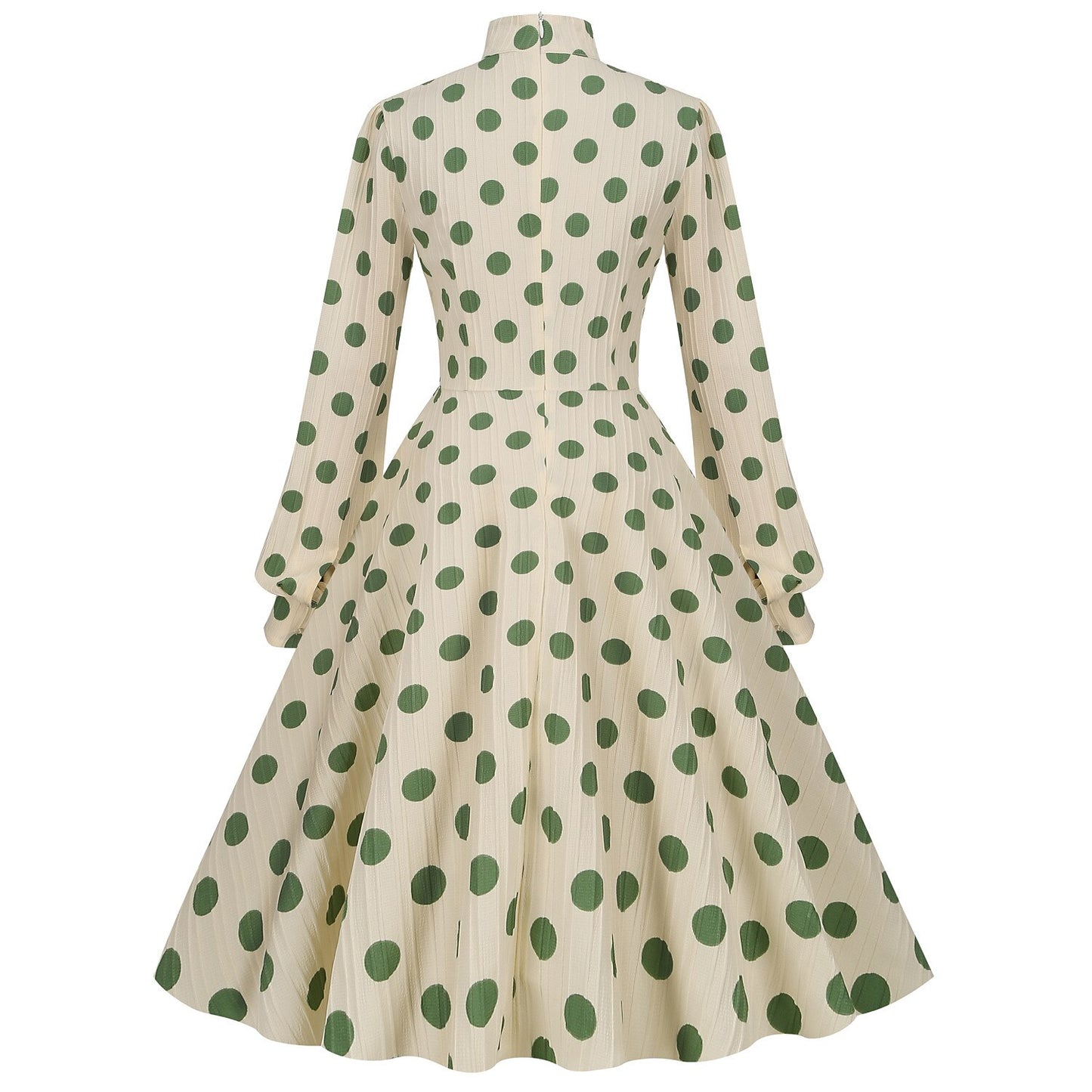 Women's 1950s Polka Dot Bow Tie Neck Long Sleeve Flare Dress