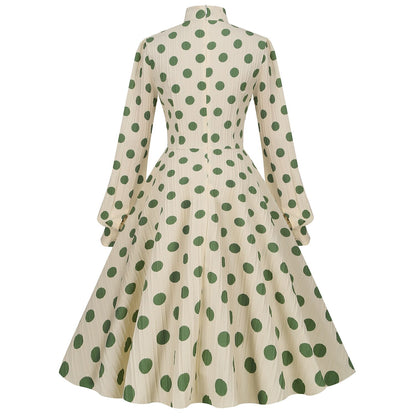 Women's 1950s Polka Dot Bow Tie Neck Long Sleeve Flare Dress