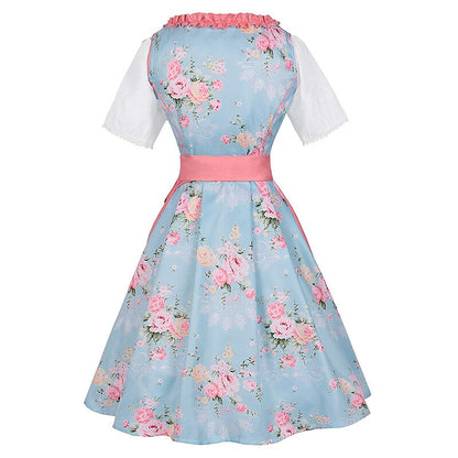 Oktoberfest Embroidered Dirndl Dress with Checkered Apron and Blouse