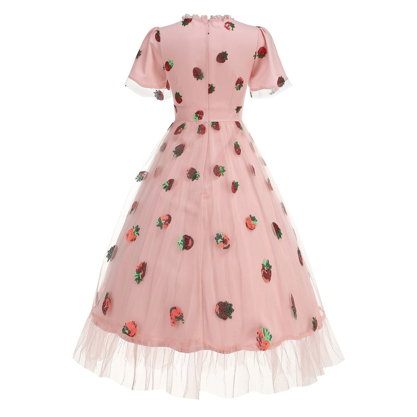 Strawberry Embroidered Mesh Midi Dress