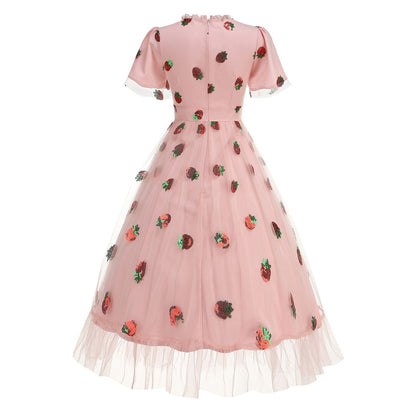 Strawberry Embroidered Mesh Midi Dress