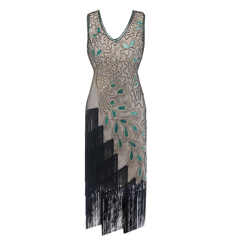 Irregular Tassel Peacock Flapper Dress with ACCs