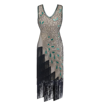Irregular Tassel Peacock Flapper Dress with ACCs