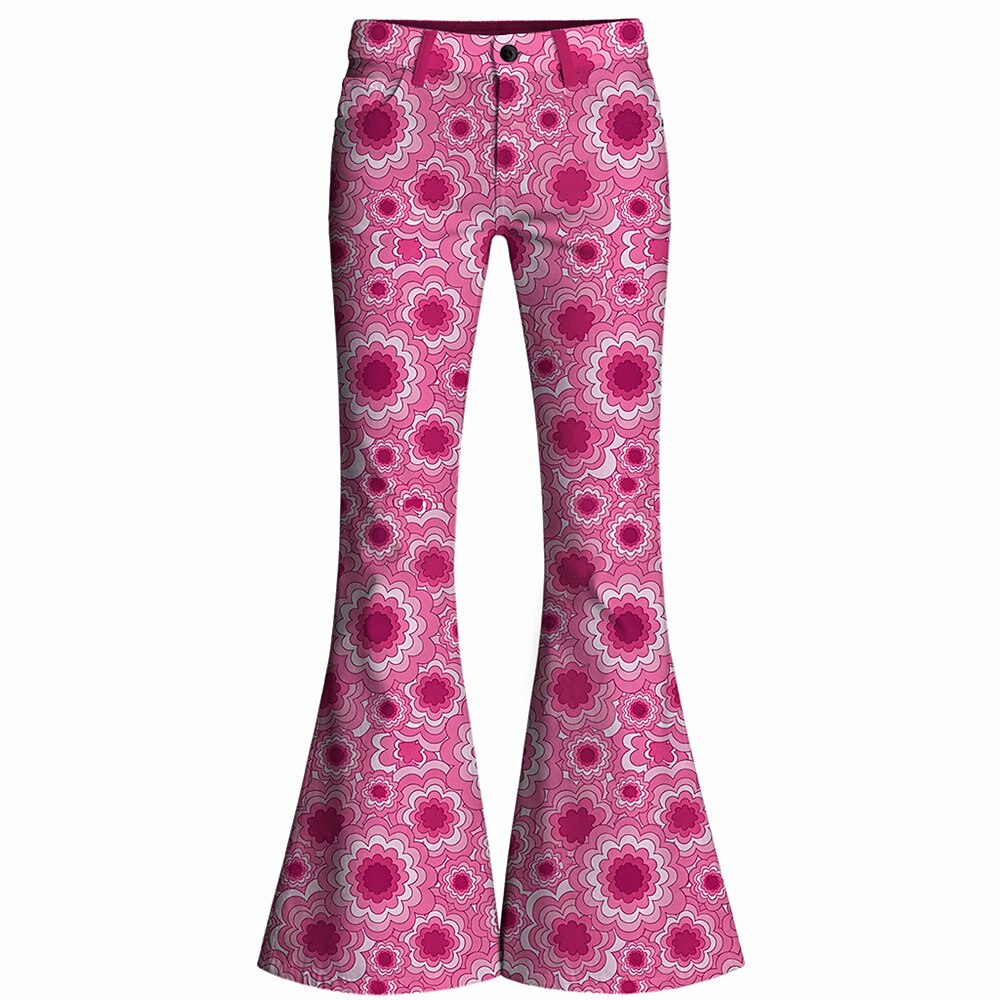 Retro 70s Geometric Floral High Waist Wide Flared Trousers