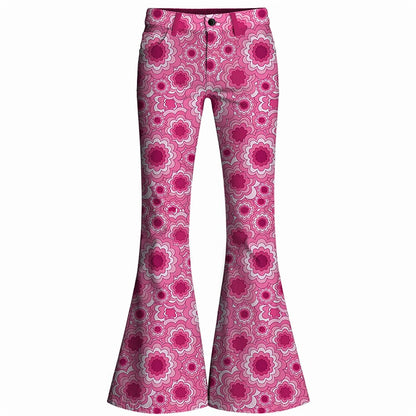 Retro 70s Geometric Floral High Waist Wide Flared Trousers