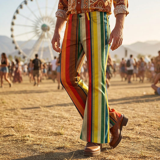 Retro 70s Rainbow Stripes High Waist Wide Flared Trousers