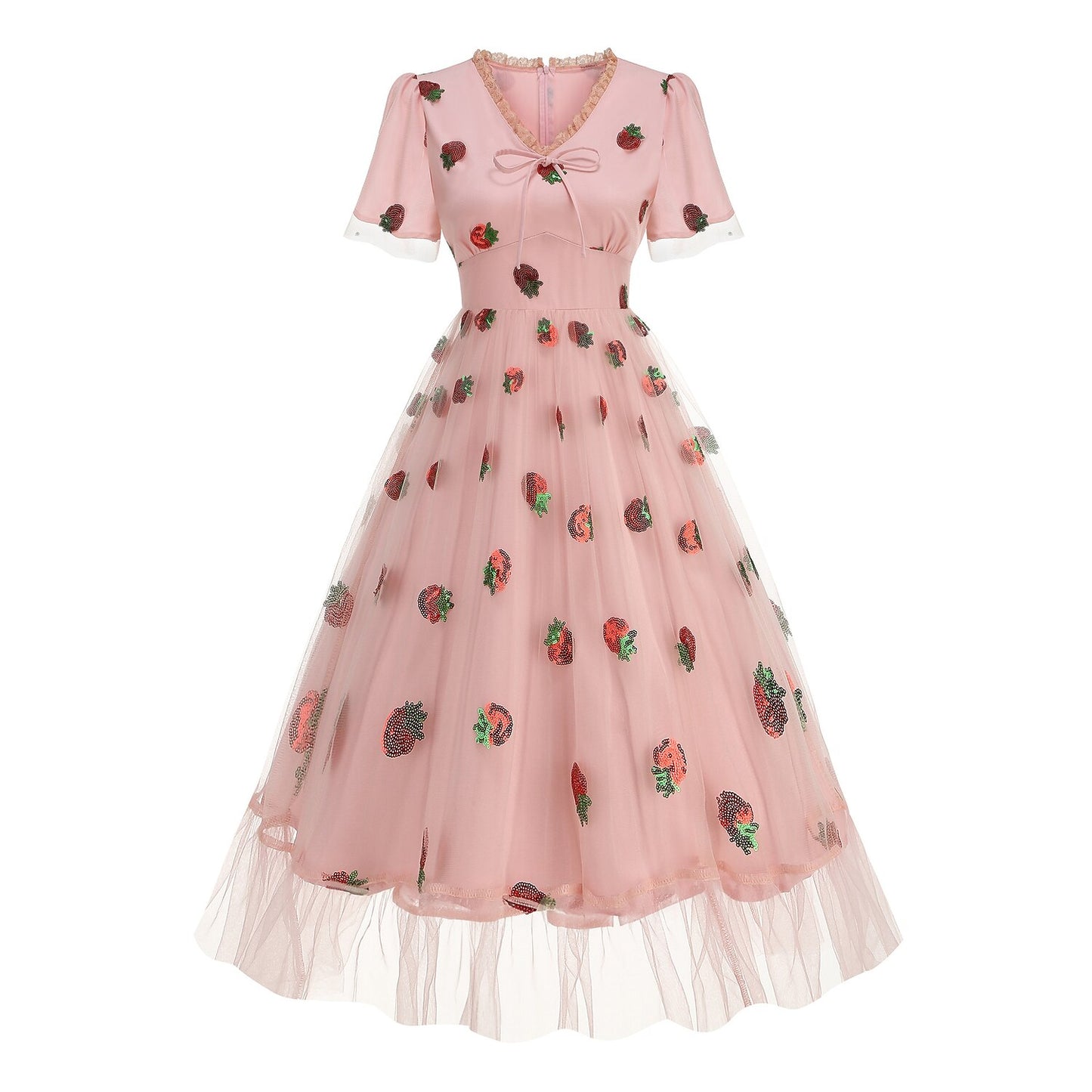 Strawberry Embroidered Mesh Midi Dress