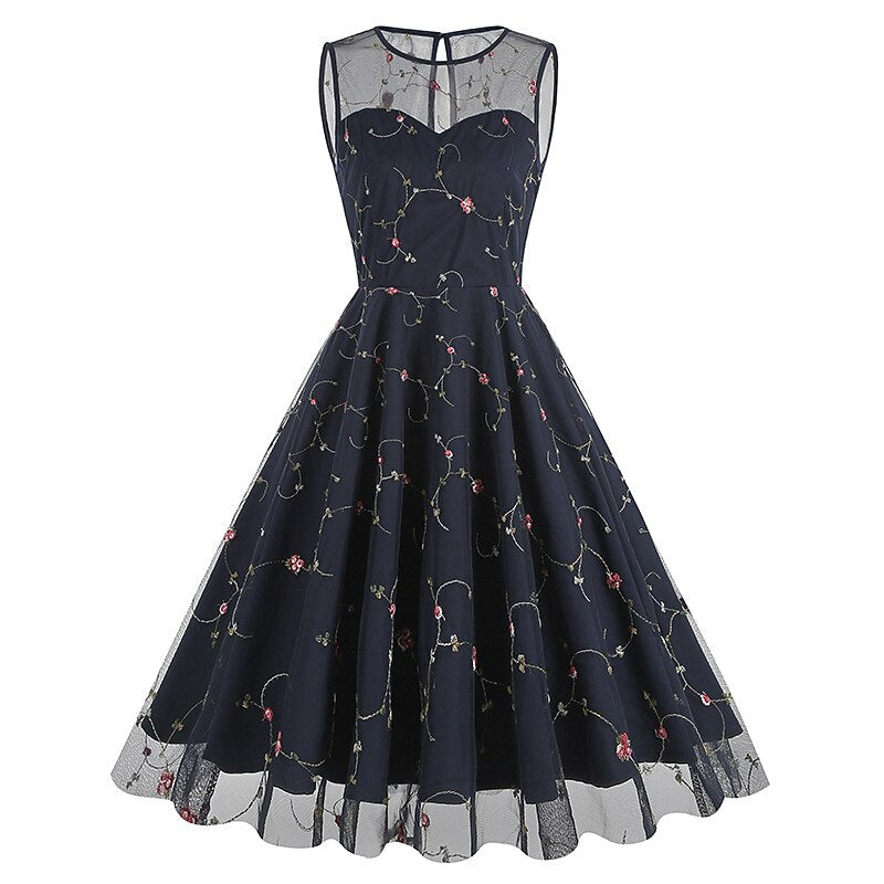 Embroidered Floral Tulle Midi Dress