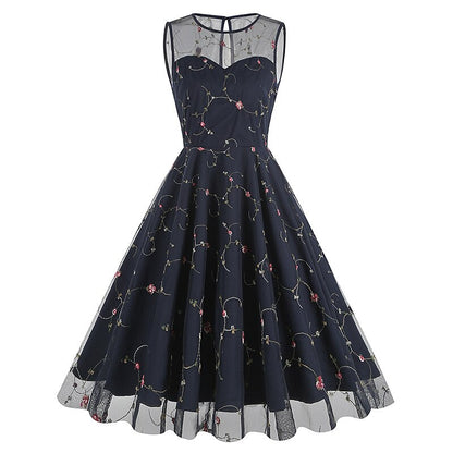 Embroidered Floral Tulle Midi Dress