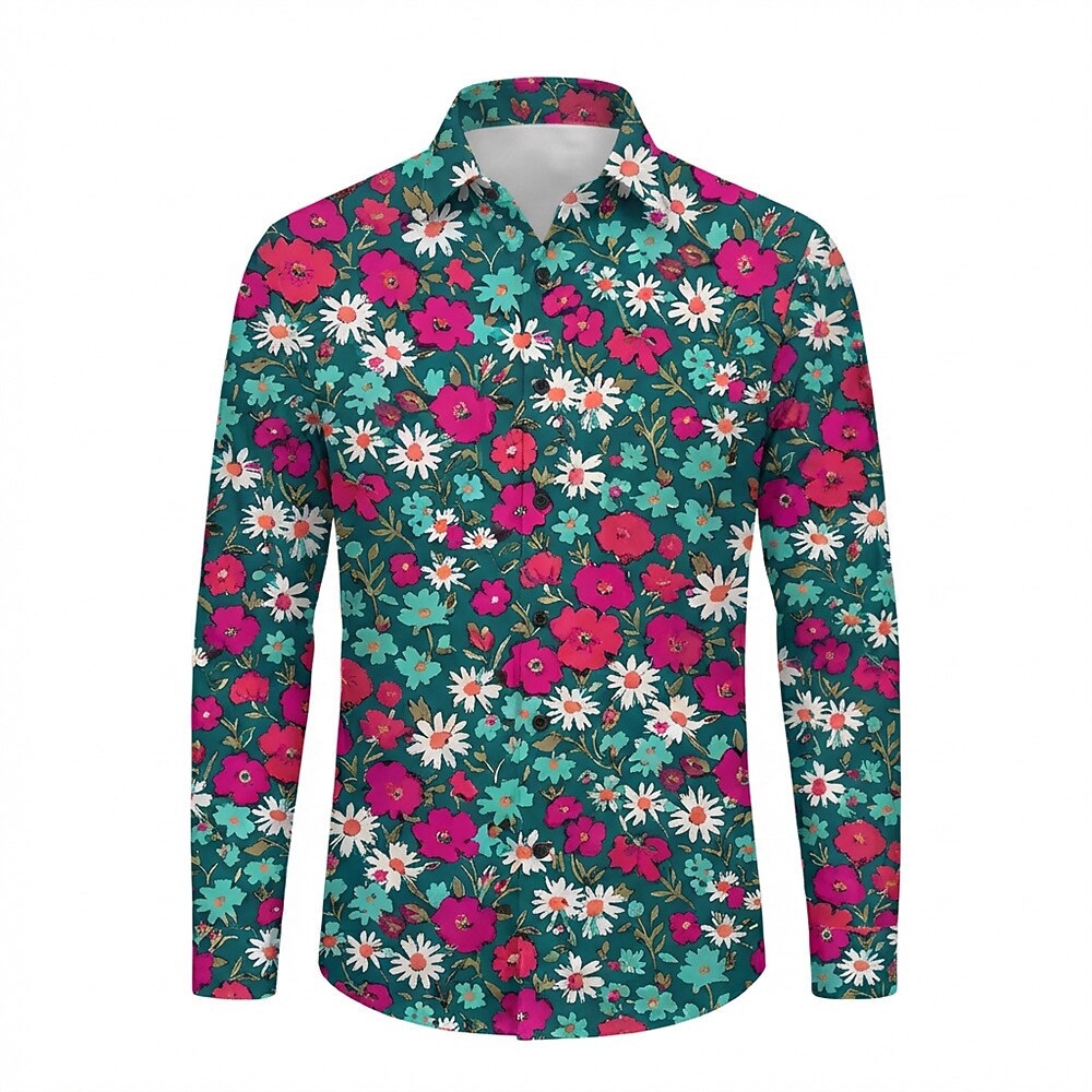 Retro 70S Vintage Floral Daisy Poppy Pattern Long Sleeves Collar Shirt