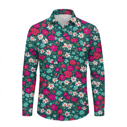 Retro 70S Vintage Floral Daisy Poppy Pattern Long Sleeves Collar Shirt