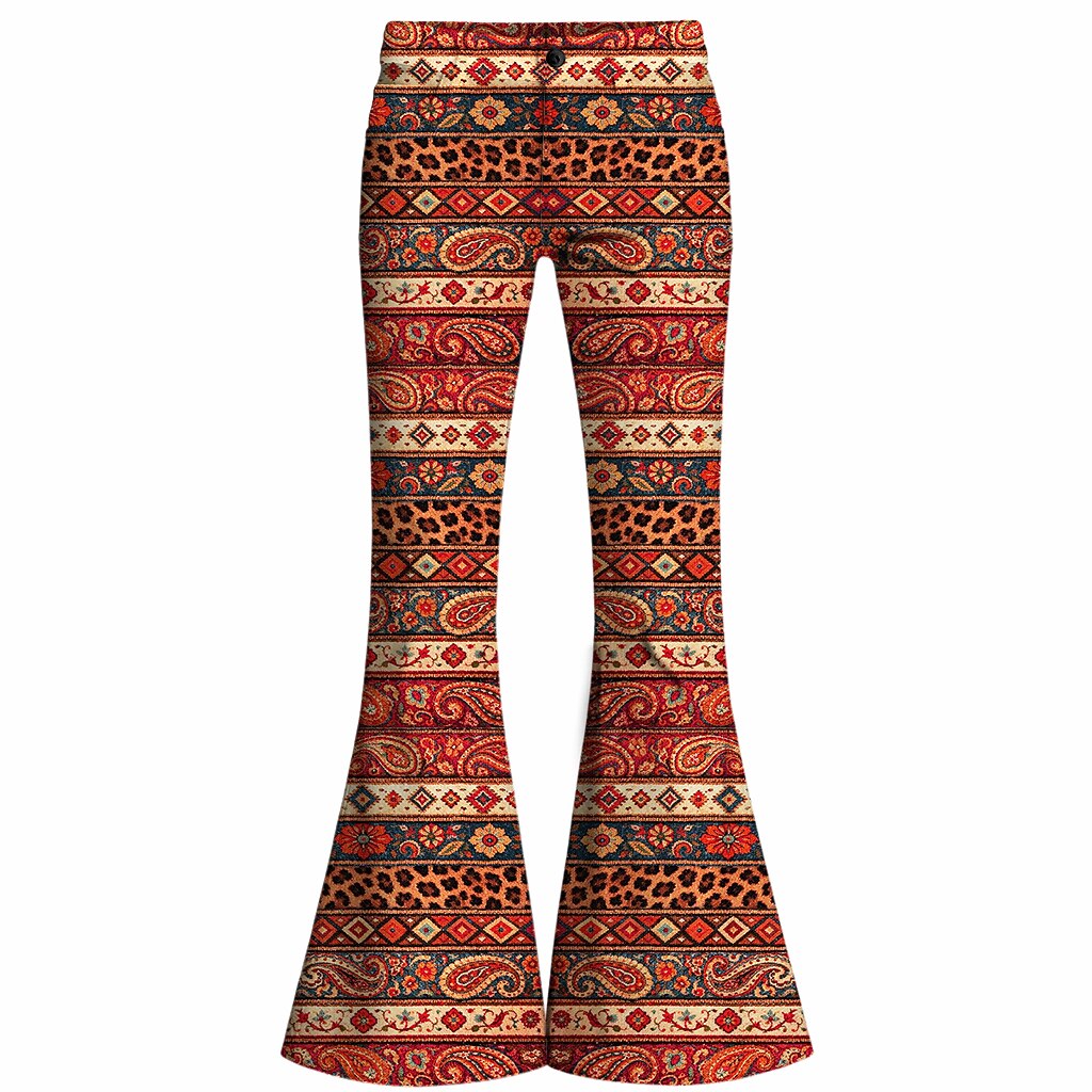 Retro 70s Boho Paisley Geometric High Waist Wide Flared Trousers