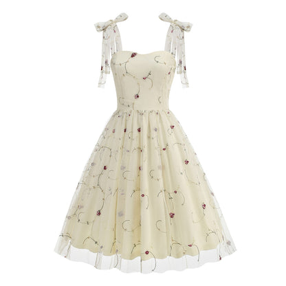 Embroidered Tie Strap Midi Dress