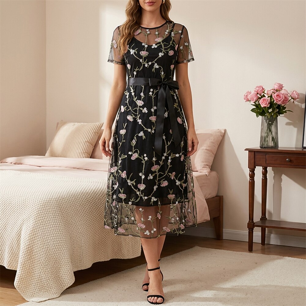 Floral Embroidered Mesh Midi Dress