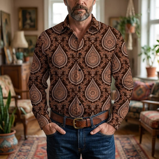 Retro 70S Vintage Paisley Floral Pattern Long Sleeves Collar Shirt