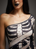 Leotard asimmetrico da donna di Halloween con scheletro e bende da mummia