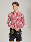 Men's Oktoberfest Lederhosen Costume with Pink Shirt, Hat & Knee Socks Set