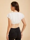 Cotton Cropped Dirndl Blouse with Eyelet Lace Flutter Sleeves