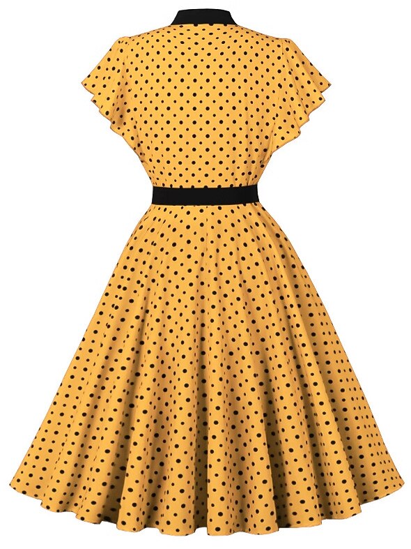 Women's 1950s Polka Dot Bow Tie Neck Short Sleeve A-Line Rockabilly Dress