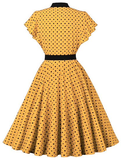 Women's 1950s Polka Dot Bow Tie Neck Short Sleeve A-Line Rockabilly Dress