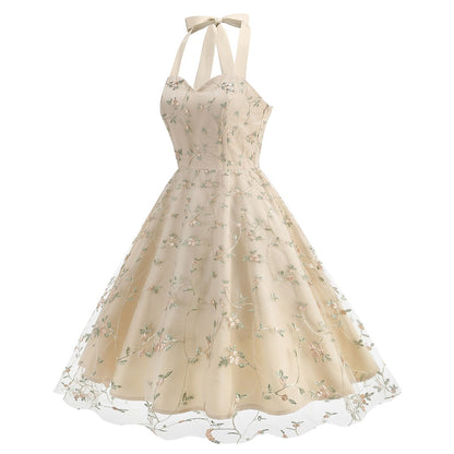 Floral Embroidered Halter Midi Dress