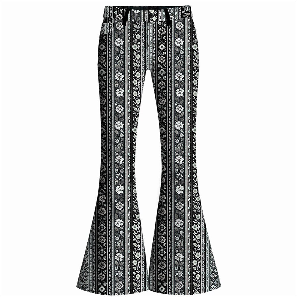 Retro 70s Striped Floral High Waist Wide Flared Trousers